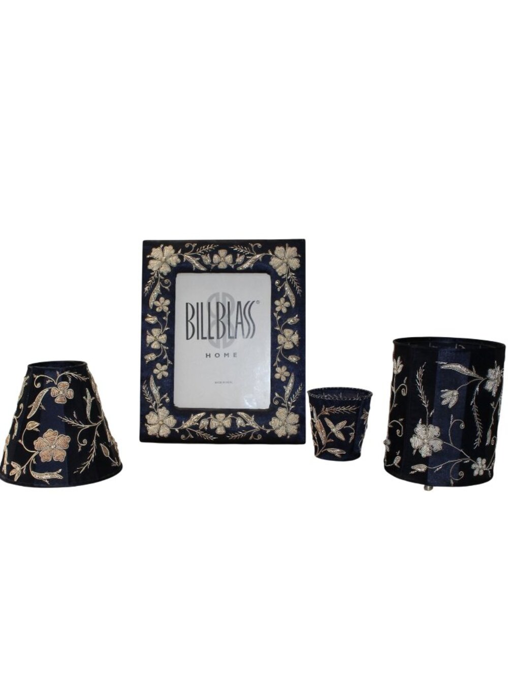 Bill Blass Home Blue Gold Embroidered Sequined 8x10 Frame Lamp Shade Candle Set